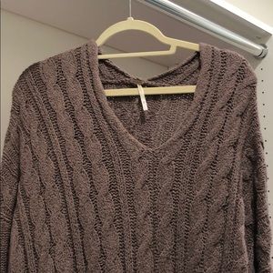 Free people brown grey cable knit vneck sweater